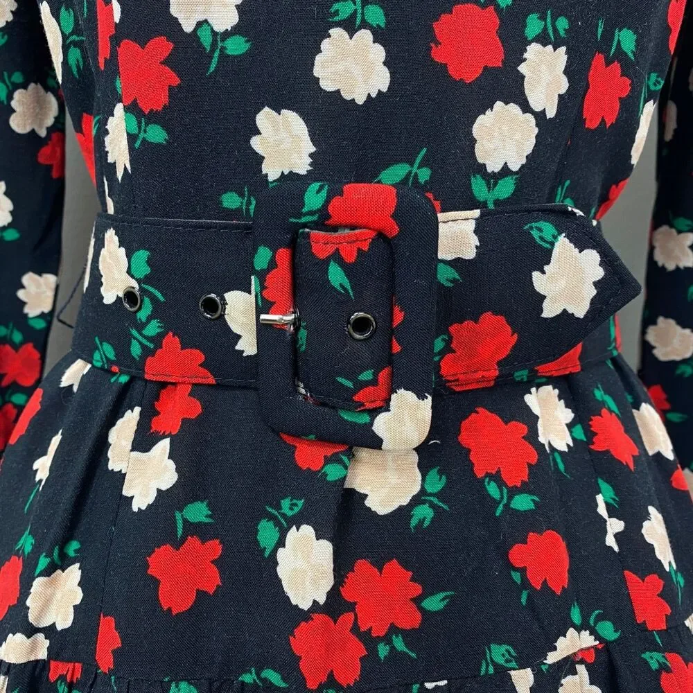 Vtg 80 Drop Waist Layered Skirt Floral Rayon Dress Small Long Sleeve Belt Modest